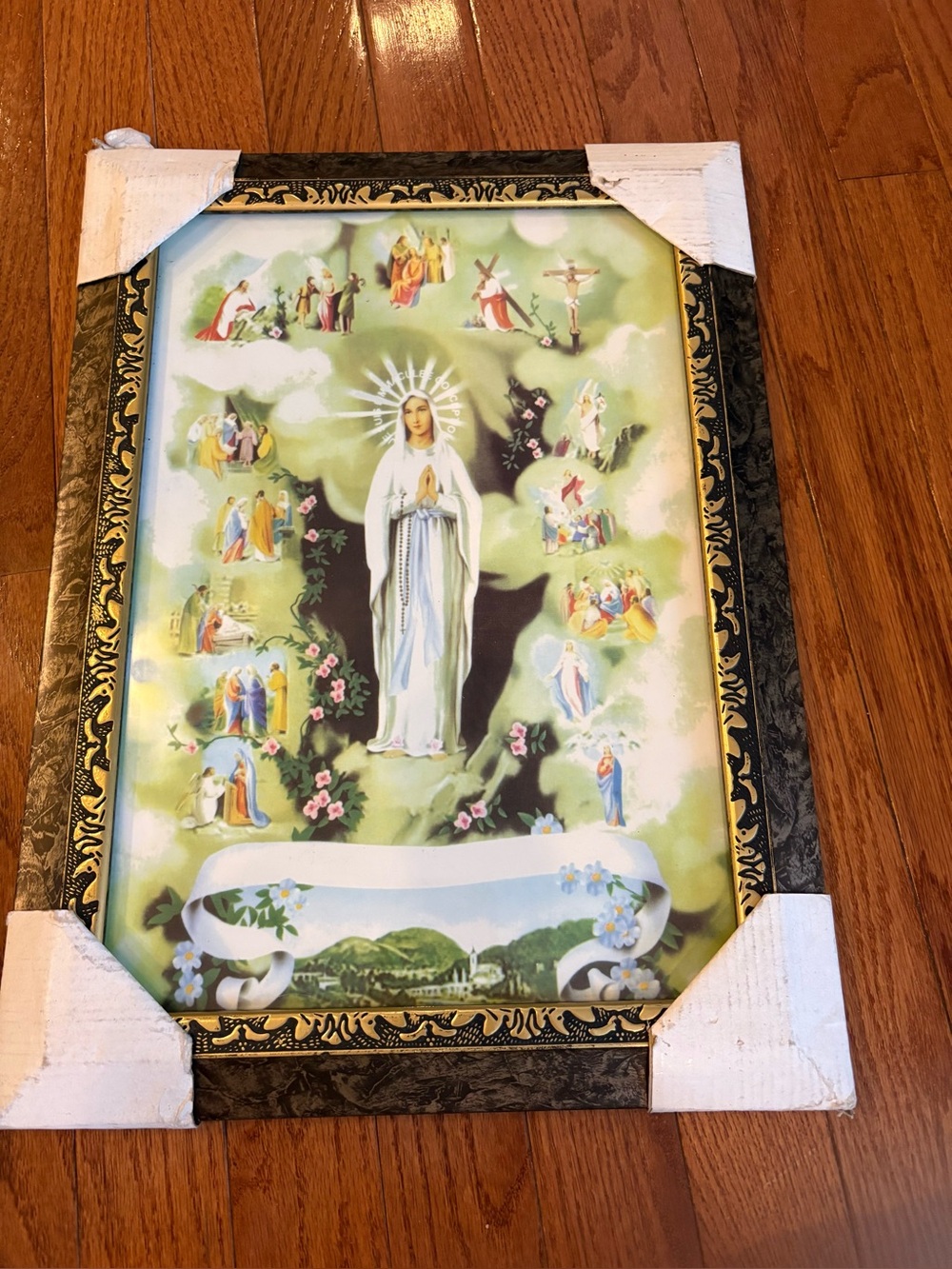 Vintage framed 3D lenticular or layered religious picture “Our Lady Of Lourdes”